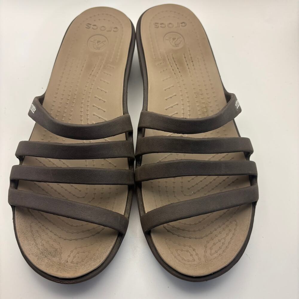 Crocs Brown Rhonda Strappy Wedge Slides Sandals Womens Shoes Size 10 Comfort